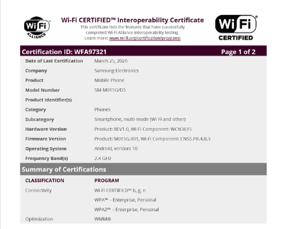 三星Galaxy M01获得WiFi联盟认证