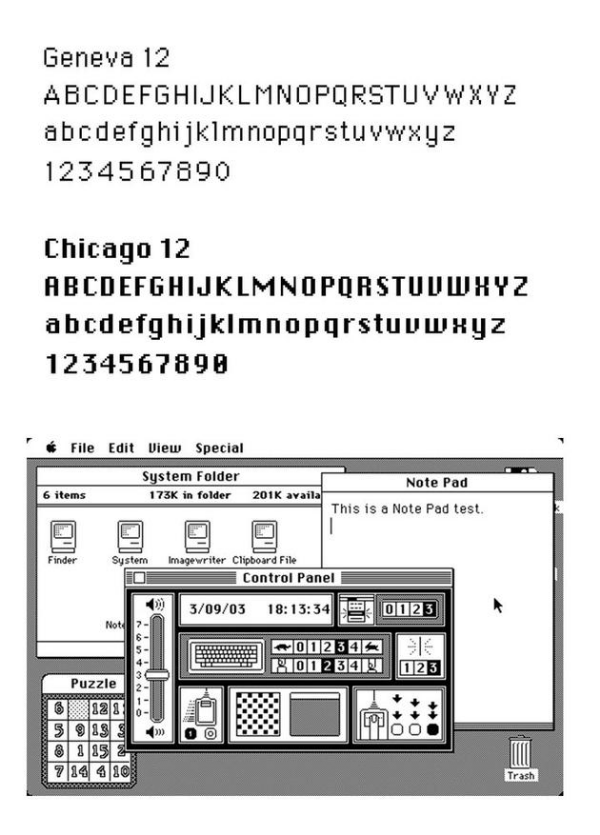 ▲ Geneva 和 Chicago 字体对比，前者会更细一些，主要应用在文件夹名称等较小的界面上